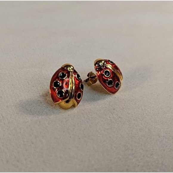 Vintage 1980 Ladybug Gold Tone Red Black Enamel Lady bug Avon Earrings Studs - Picture 3 of 6